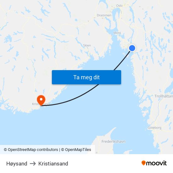 Høysand to Kristiansand map