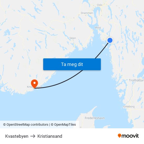 Kvastebyen to Kristiansand map