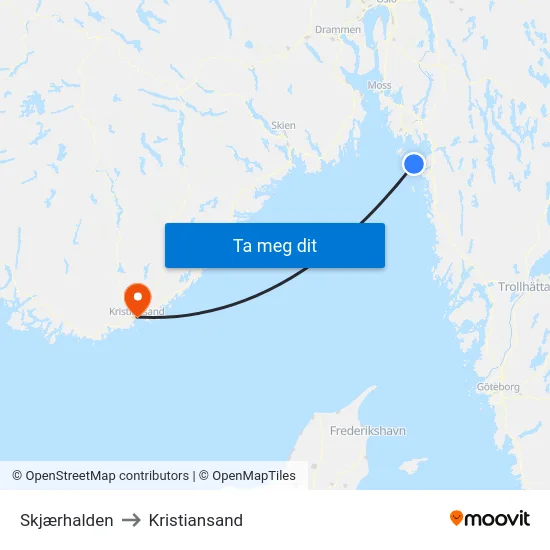 Skjærhalden to Kristiansand map