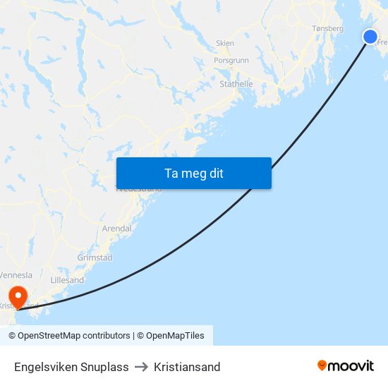 Engelsviken Snuplass to Kristiansand map