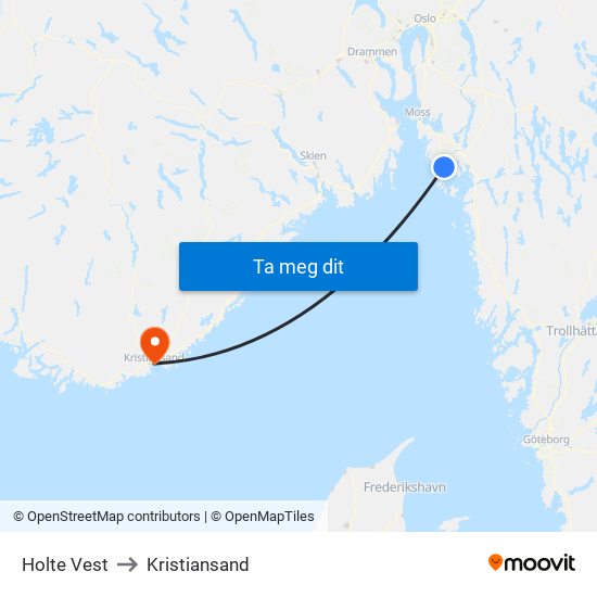 Holte Vest to Kristiansand map