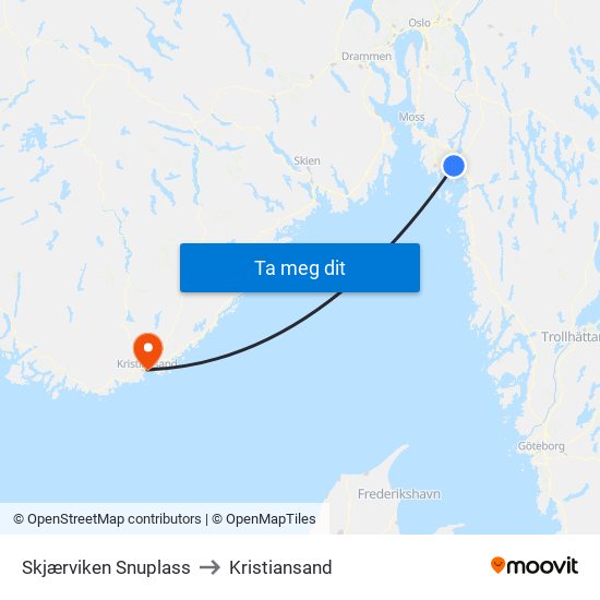 Skjærviken Snuplass to Kristiansand map