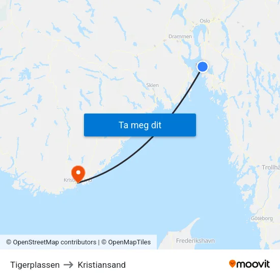 Tigerplassen to Kristiansand map