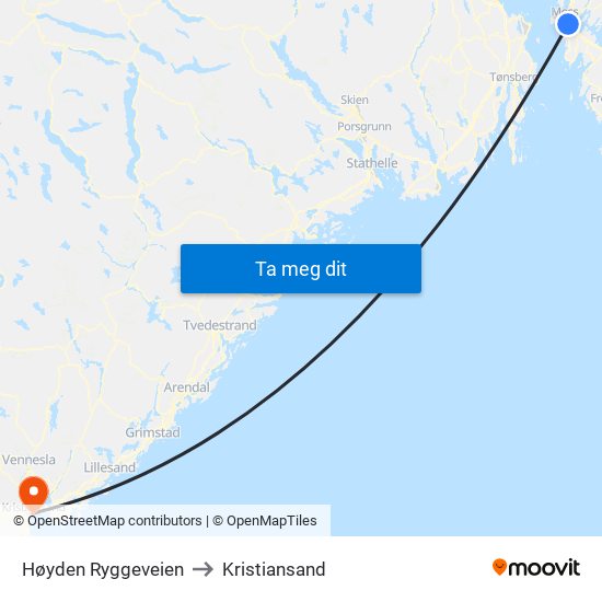 Høyden Ryggeveien to Kristiansand map