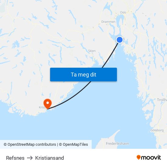 Refsnes to Kristiansand map