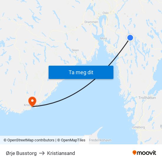 Ørje Busstorg to Kristiansand map