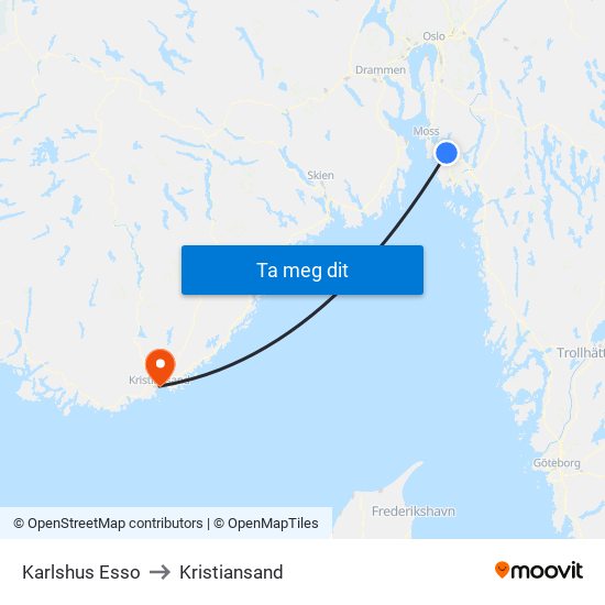Karlshus Esso to Kristiansand map