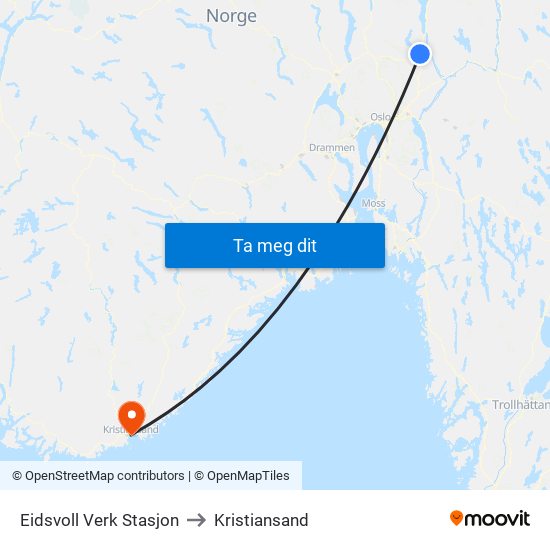 Eidsvoll Verk Stasjon to Kristiansand map