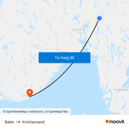 Bøler to Kristiansand map