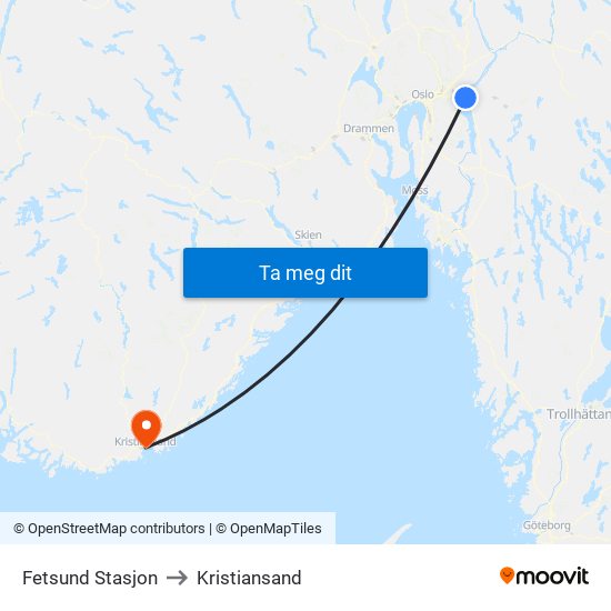 Fetsund Stasjon to Kristiansand map