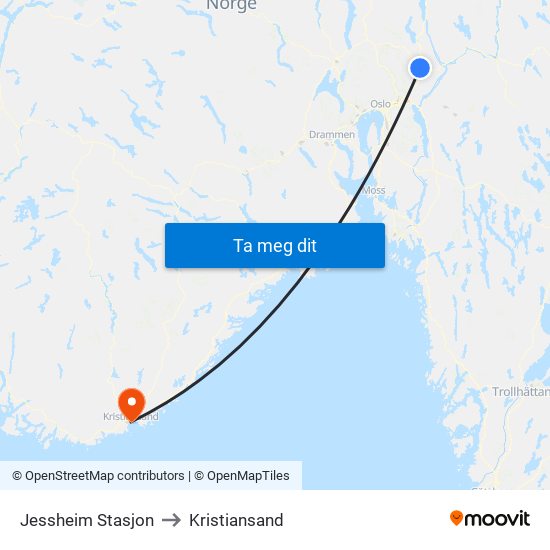 Jessheim Stasjon to Kristiansand map