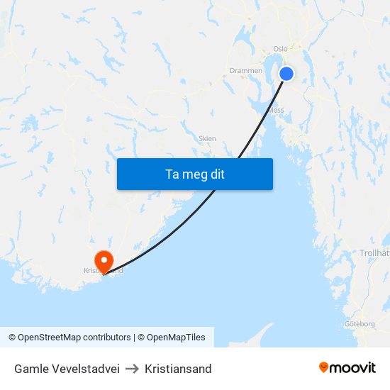 Gamle Vevelstadvei to Kristiansand map