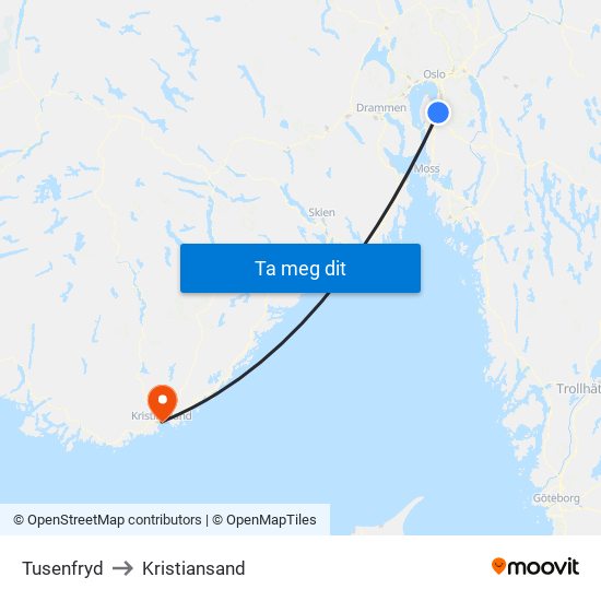 Tusenfryd to Kristiansand map