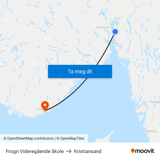 Frogn Videregående Skole to Kristiansand map