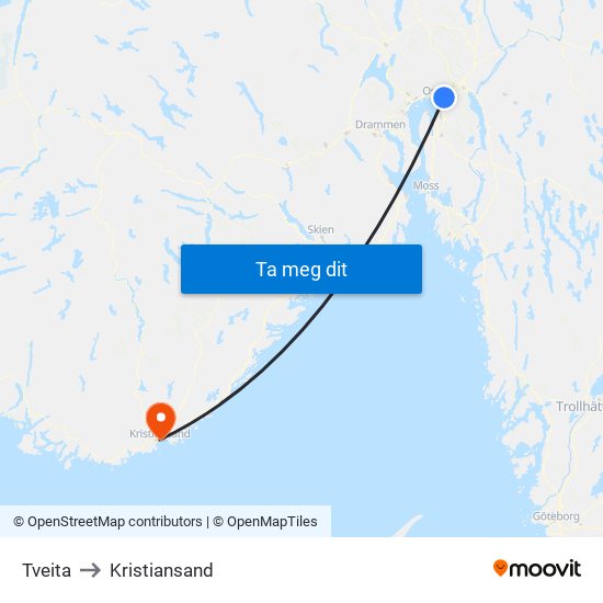 Tveita to Kristiansand map