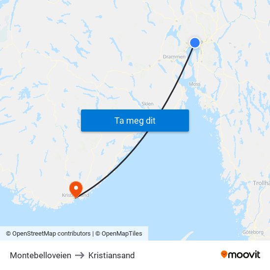 Montebelloveien to Kristiansand map
