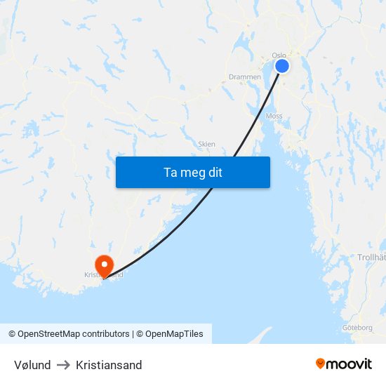 Vølund to Kristiansand map