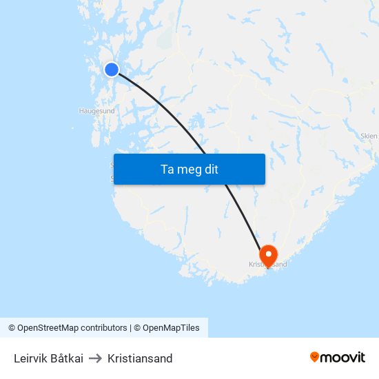 Leirvik Båtkai to Kristiansand map