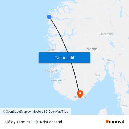 Måløy Terminal to Kristiansand map