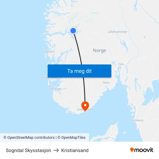Sogndal Skysstasjon to Kristiansand map