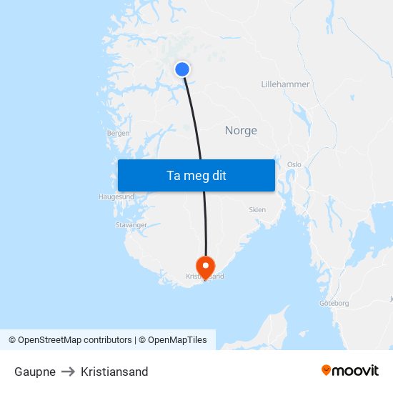Gaupne to Kristiansand map