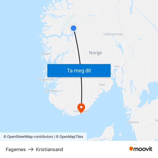 Fagernes to Kristiansand map