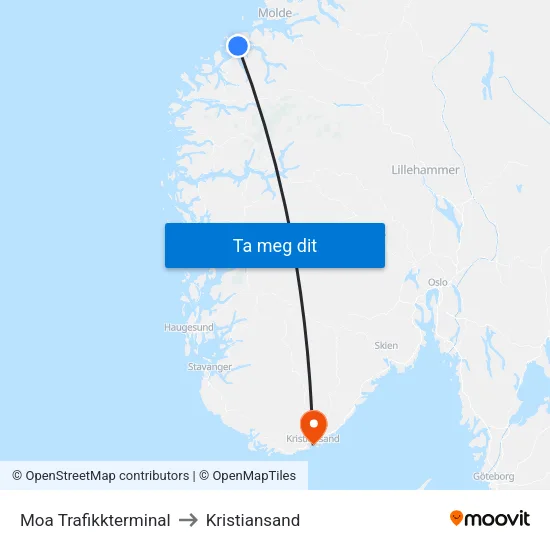 Moa Trafikkterminal to Kristiansand map