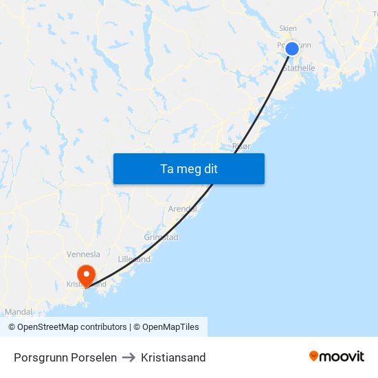 Porsgrunn Porselen to Kristiansand map