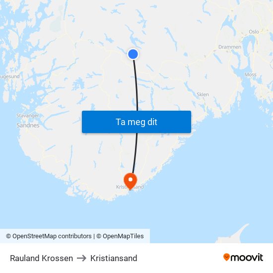 Rauland Krossen to Kristiansand map