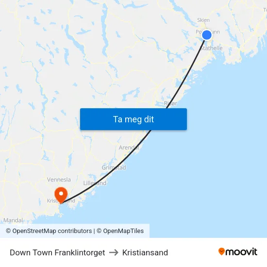 Down Town Franklintorget to Kristiansand map