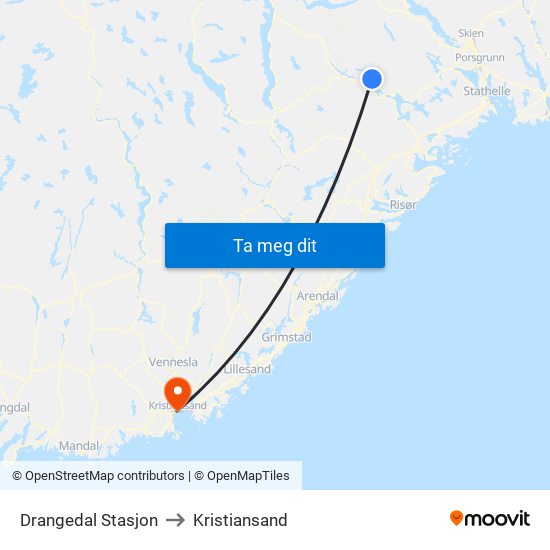 Drangedal Stasjon to Kristiansand map