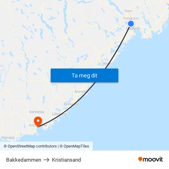 Bakkedammen to Kristiansand map