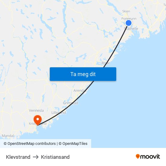 Klevstrand to Kristiansand map