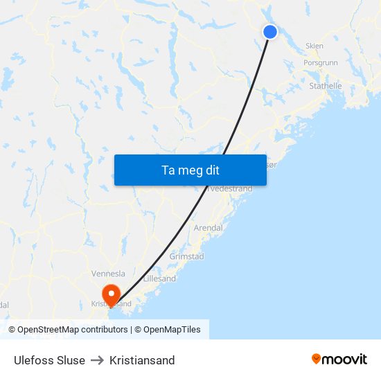 Ulefoss Sluse to Kristiansand map