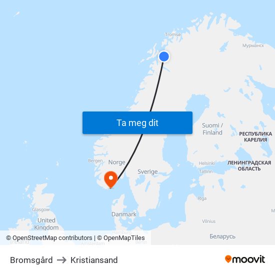 Bromsgård to Kristiansand map