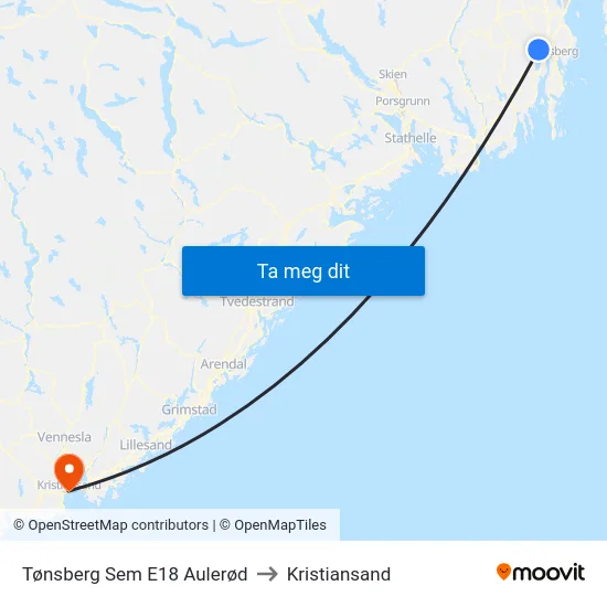 Tønsberg Sem E18 Aulerød to Kristiansand map