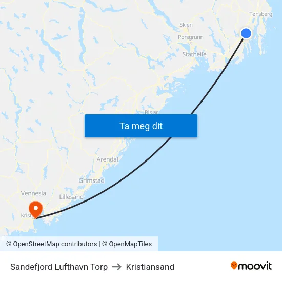 Sandefjord Lufthavn Torp to Kristiansand map