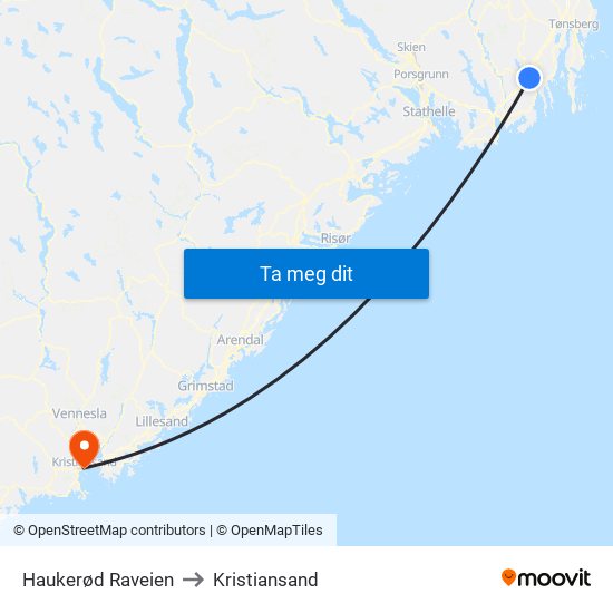 Haukerød Raveien to Kristiansand map