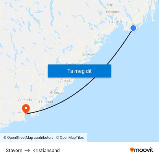 Stavern to Kristiansand map