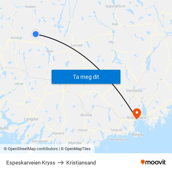 Espeskarveien Kryss to Kristiansand map