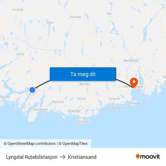 Lyngdal Rutebilstasjon to Kristiansand map