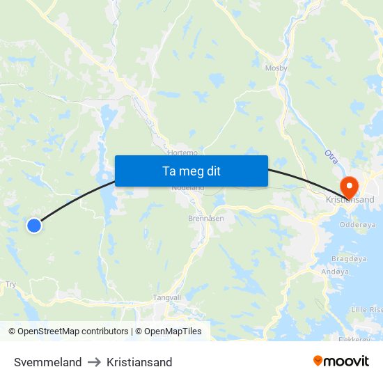 Svemmeland to Kristiansand map