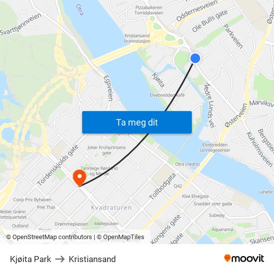 Kjøita Park to Kristiansand map