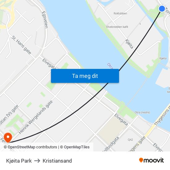 Kjøita Park to Kristiansand map