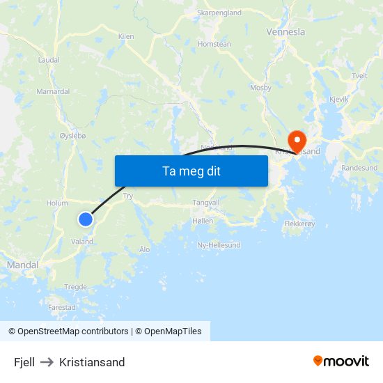 Fjell to Kristiansand map