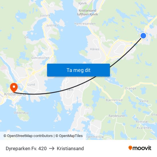 Dyreparken Fv. 420 to Kristiansand map