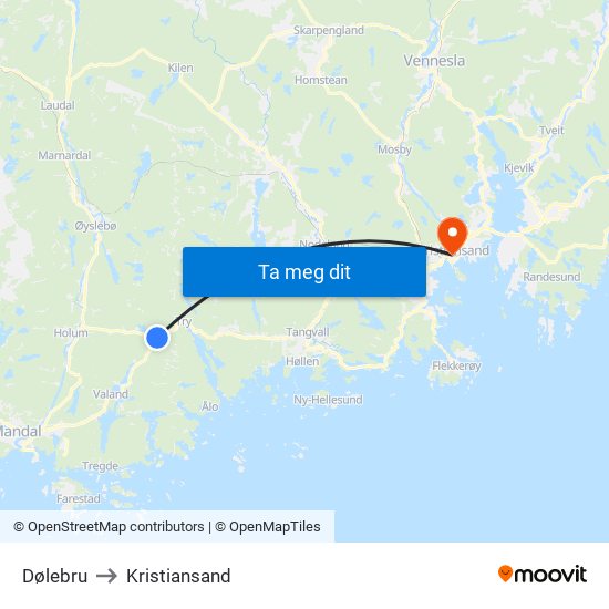 Dølebru to Kristiansand map