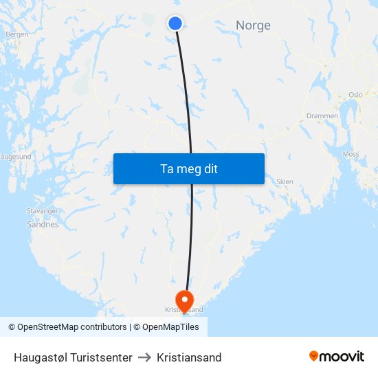 Haugastøl Turistsenter to Kristiansand map