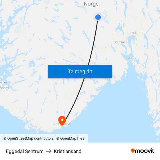 Eggedal Sentrum to Kristiansand map
