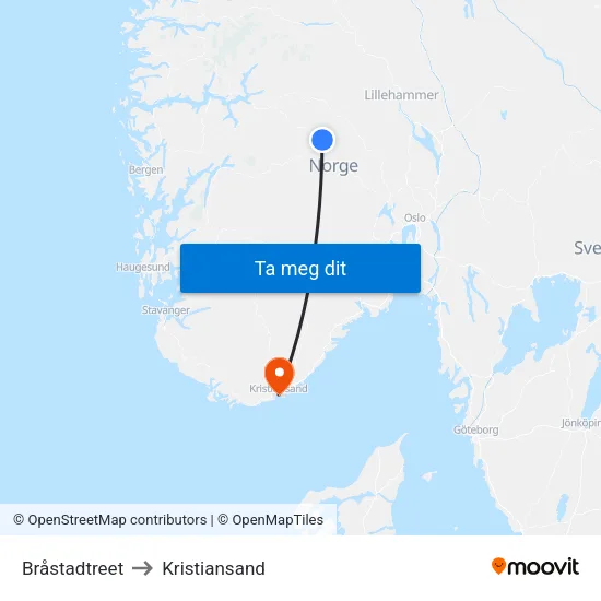 Bråstadtreet to Kristiansand map
